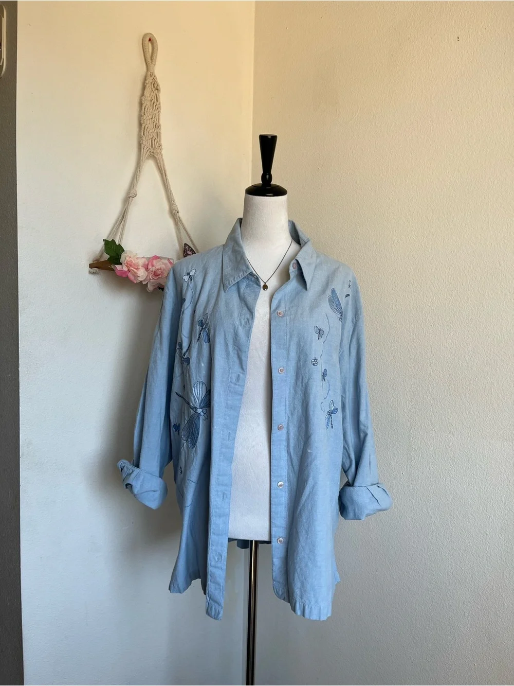 Vintage Cottagecore Dragonfly Embroidered Button-Down Shirt size